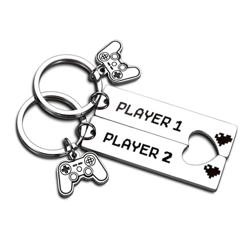 SHENRUZENG 2 llaveros para pareja, Player1 Player2, llaveros, corazón, regalo para él, llavero de acero inoxidable, hombres y mujeres, plata, 12 mm/0,47 Zoll x 50 mm