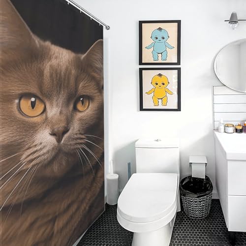 Rideau de douche chat marron imperméable 152x183 cm avec crochets