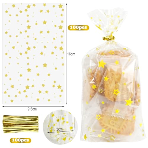 Bodenbeutel Goldene Sterne 100 Stück, Klein Cellophantüten Weihnachten 9.5 x16CM, Transparente Kekstüten Plätzchentüten Weihnachten mit Bindebaender, Zellophantüten mit Boden für Süßigkeiten