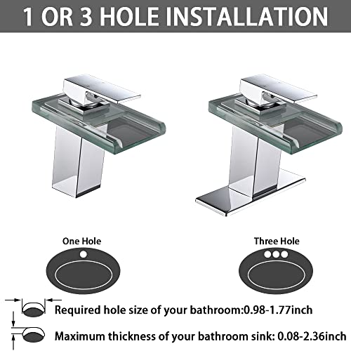 Avsiile Led Bathroom Sink Faucet, Chrome Waterfall Single Hole Handle Rv Bath Vanity Faucets For Sinks 1 Hole With Metal Pop Up Drain And 2 Water Supply Lines, Open Glass Spout #TOP3