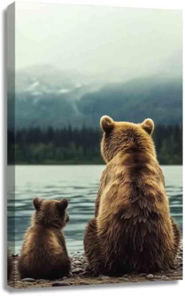 QIXIANG Bear Canvas Wall Art Brown Bear Family Prints Woodland Nursery Forest Painting Wildlife Animal Picture for Toddler Room (black,16W x 24L)