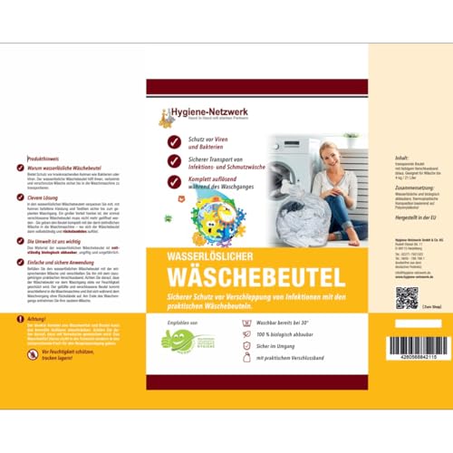10 wasserlösliche Wäschesäcke Wäschebeutel. 40 x 50 cm. 21 Liter. Tragkraft 4kg. Wasserlöslich ab 30°C. Für Infektions- und Schmutzwäsche und für den Einsatz zu Hause