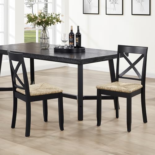DUHOME Wooden Rattan Dining Chairs Set of 2, Boho Farmhouse Cane Chairs with Natural Weave Seagrass Rope Seat, Armless Rattan Accent Chairs for Kitchen Dining Room,Living Room,Black