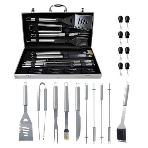 Kit Churrasco Inox 18 Peças Completo Com Maleta Portátil Conjunto De Facas Garfo Espátula Espetos Utensílios Para Churrasco