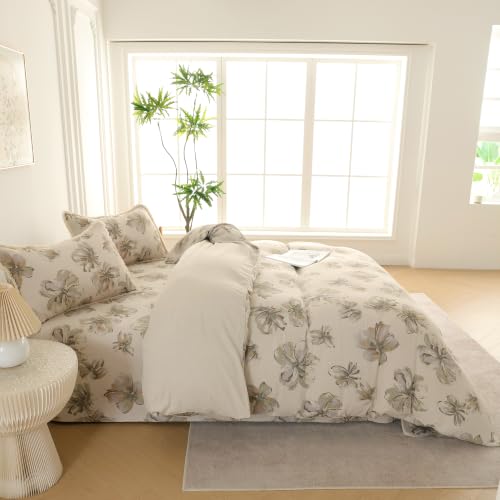 Image of Story@Home King Size Bedcover Set | 400 TC Microfiber Bedding Set with 1 Duvet Cover 1 King Bedsheet 270 x 250 cm & 2 Pillow Covers | Soft Durable Duvet Cover Set Floral Pattarn | Beige Green