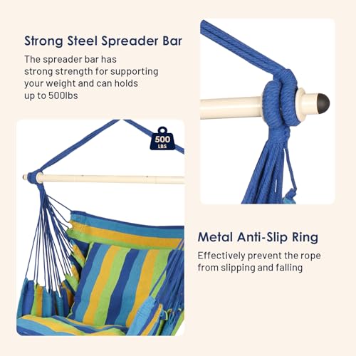 Image of Highwild Hammock Chair Hanging Rope Swing - Max 500 Lbs - 2 Cushions Included - Steel Spreader Bar with Anti-Slip Rings - for Any Indoor or Outdoor Spaces (Blue Striped)