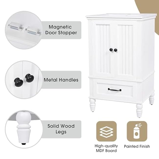 20 inch Bathroom Vanity Sink Combo, Bathroom Cabinet with Sink Top, Water-Grain Ripple Pattern, Solid Wood Frame for Small Spaces (White-090)