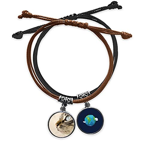 Pulsera de gato gris con ojo azul en cadena de cuero trenzado