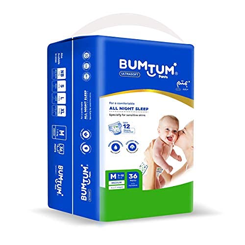 Bumtum Baby Diaper Pants with Double Leakage Protection - 7 to 12 Kg (Medium 36 Count)