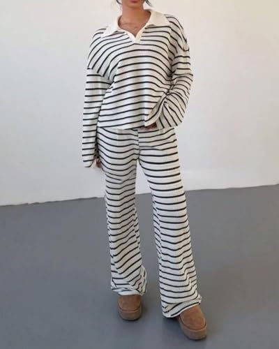 Lounge Sets for Women 2 Piece Sweater Sets Striped Long Sleeve Pullover Top Matching Set Fall Outfits3