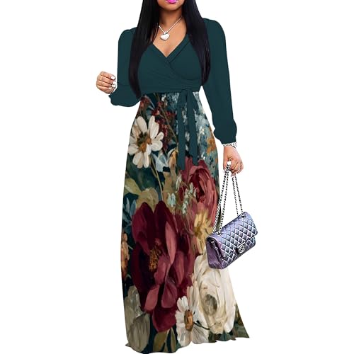 Image of Women's Plus Size Maxi Dresses Long Sleeves V Neck Floral Print Bohemian Swing Long Dress with Belt