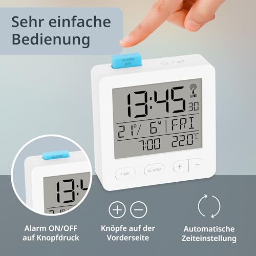 ADE Funkwecker digital mit Batterie | Funkuhr mit Licht | Uhr mit Temperaturanzeige | Reisewecker | mit Thermometer und Datumsanzeige | weiß