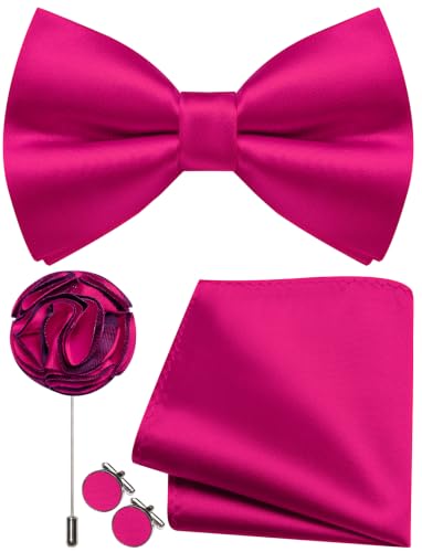 Image of Solid Color Bow Ties for Men Silk Pre-tied Tuxedo Bowtie Set 4PCS | Pre-tied in 3 seconds,adjustable 4PCS bow tie and pocket square cufflinks lapel pin set,wedding,formal,party,prom,graduation