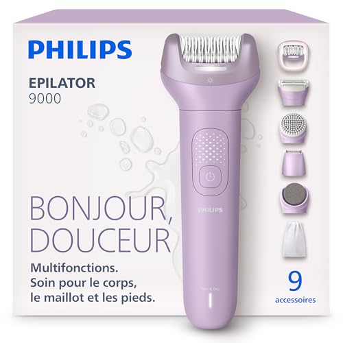 Philips Épilateur série 9000 – épilateur électrique sans fil, sur peau sèche ou humide, jambes, corps et maillot, avec ProGuide, 9 accessoires, dont...