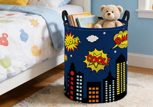 Image of ESSME Kids Laundry Basket,Spider Hamper Collapsible Canvas Waterproof Storage Bin foBoys, Cute Hamper,Gift Baskets(Blue City)