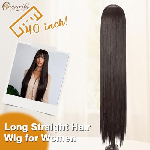 Image of Creamily Long Straight Brown Wig For Women Glueless Synthetic Wig with Bangs 40 Inches,Natural Looking Hair Wig For Woman For Cosplay Daily Wear