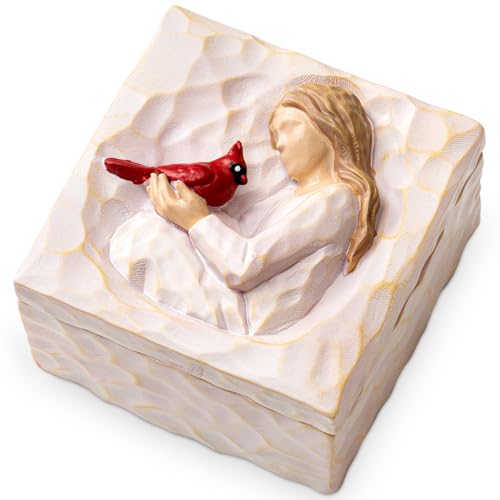 Image of Cardinal Keepsake Box, Hand-painted Resin Memory Box for Loss | Sympathy Gift for Grieving Comfort, Decorative Storage for Mementos, Elegant Angel Cardinal Design, Remembrance Keepsake