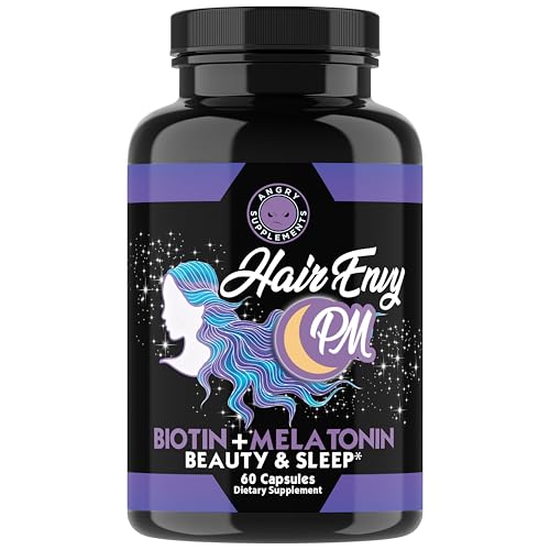 Angry Supplements Hair Envy PM 60-capsule bottle — the only pick in the set with a stated melatonin dose