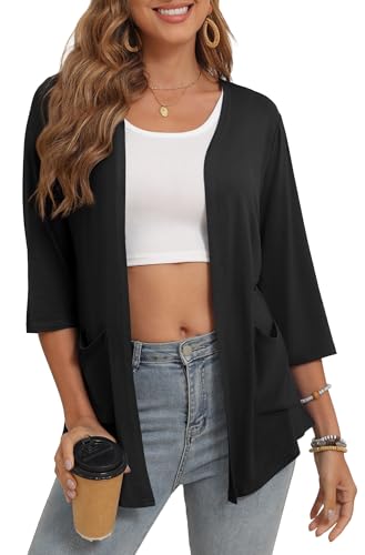 Image of Bettysays Women's 3 /4 Sleeve Open Front Cardigan Casual Loose Lightweight Cardigans with Pockets