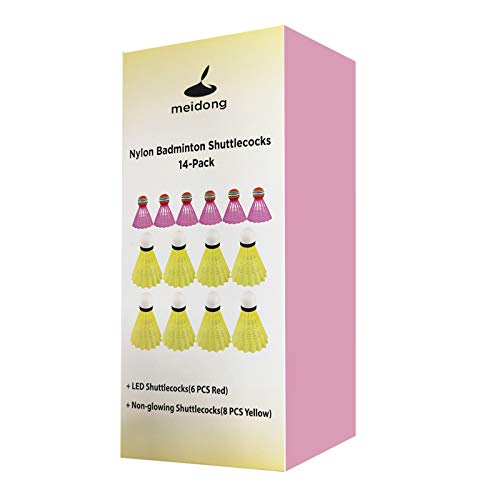 meidong Nylon Badminton Shuttlecocks 14-Pack (6Pcs Red LED Glowing Badminton Birdies & 8Pcs Yellow Non-LED Shuttlecocks) with Great Stability and Durability for Indoor Outdoor Sport