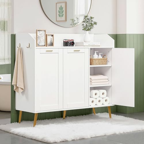 VECELO 3-Tier Floor Storage Cabinet with 2 Adjustable Shelves, Freestanding Cabinet with Doors, for...