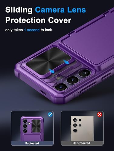 Image of Vihibii for Samsung Galaxy S24 Back Cover with Card Holder (4 Cards) & Slide Camera Cover & Kickstand, Shockproof Rugged Hard Back & TPU Soft Edge Case for Galaxy S24, Dark Purple