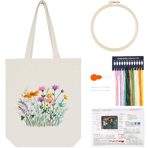 Image of Embroidery Kit Canvas Tote Bag, Hand Embroidery Kit with Floral Pattern for Beginners, Cross Stitch Kits for Adults, Arts and DIY Crafts Kits, Embroidery Starter kit with Embroidery Bag and Tools