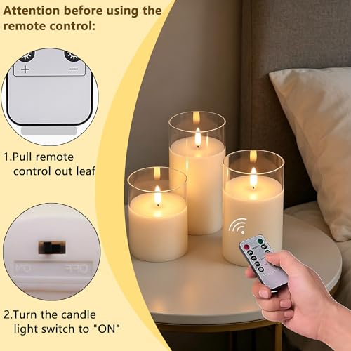 Image of VIEWELLD Clear Glass Flameless Candles with Remote Timer, Battery Operated Candles, Flickering LED Pillar Candles Set of 3