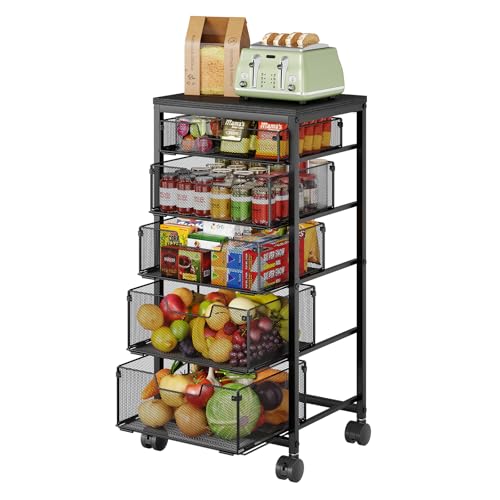 Kitchen Storage Cart with Drawer, 5-Tier Fruit Vegetable Storage Cart, Kitchen Organizer and Storage Cart with Wheels, Wooden Top Metal Wire Pantry Storage Cart rack for Fruit Snack Onion Potato