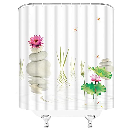 Ysatnsft Zen Spa Shower Curtain Wild Grass Stones Reflection In Water Meditation Japanese Lotus Asian White Fabric Bathroom Decor Set Include Hooks,(70" Wx70 H) #TOP2