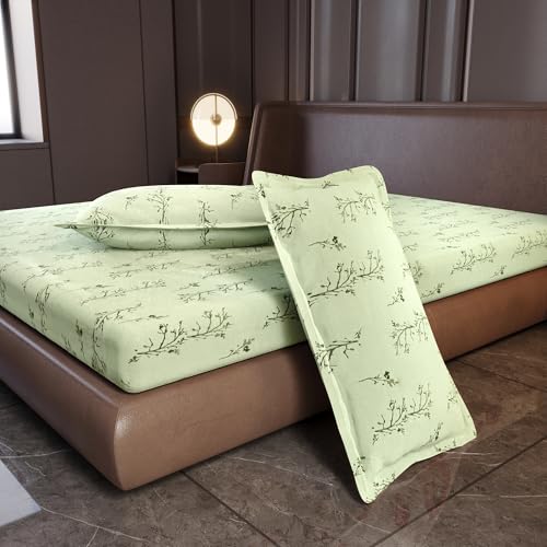 Image of Divine Casa Cotton King Size Bedsheet 210 TC | Soft Skin Friendly Breathable Bed Sheet with 2 Pillow Covers | Pigment Twill Satin Bedding Set | 275 x 275 cm (Pista Green, Floral)
