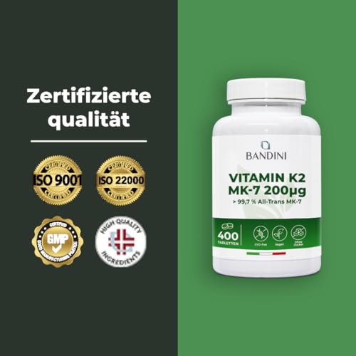 Bandini® Vitamin K2 MK-7 200µg (mcg) VEGAN | 400 Mikrotabletten | K2 rein natürliches Menachinon 7 | All-trans Gehalt >99,7% Vitamin K 2 | Blut- und Knochengerinnung | 1 Tablette pro Tag für 1 Jahr