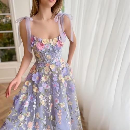 Jamille 3D Floral Prom Dresses 2024 Tulle Gowns with Pockets Long Spaghetti Strap Formal Dress Tea Length Fairy Gown JA0011 C4
