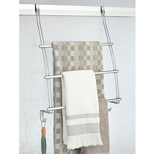 Mdesign Adjustable Metal Over Door Towel Rack Holder For Shower And Bath, 3 Tier Rod Hanger With 2 Hooks For Bathroom - Hang Towel, Blanket, Washcloths, Loofahs, Sponges On Back Of Door - Chrome #TOP3