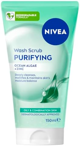NIVEA Purifying Face Scrub 150ml | Gentle Facial Exfoliator | Removes Dead Skin Cells & Unclogs Pores | Suitable for Oily and Combination Skin | With Ocean Algae & Hydramine