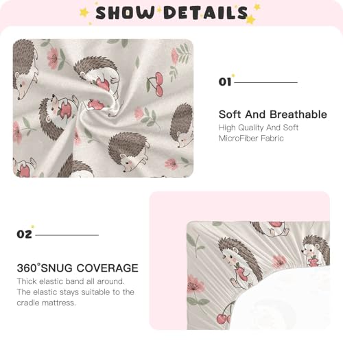Image of Hedgehog Flowers Cherry Beige Fitted Crib Sheet for Boys Girls Baby Toddler Bed Sheets for Toddler Mattresses,52 X 28 in