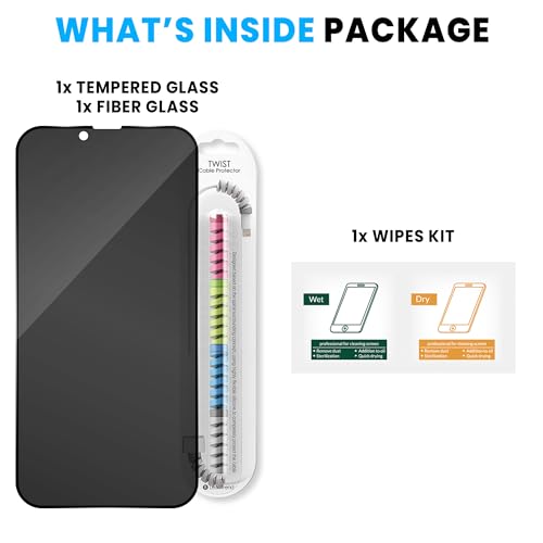Image of ArmourPro Privacy Tempered Glass for iPhone 14 Plus, iPhone 13 Pro Max, Anti Spy Anti Peeping Screen Protector, Edge-to-Edge Full Coverage, 9H Hardness with Cable Protector | Black