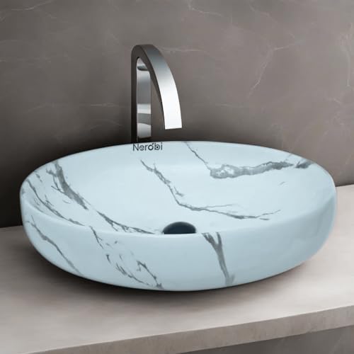 Image of Designer Counter Top Wash Basin | Tabletop Ceramic Bathroom Sink | Wash Basin Over Counter | Wash Basin For Bathroom, Living Room (24 x 15 x 6 Inch) (Marble White Grey)