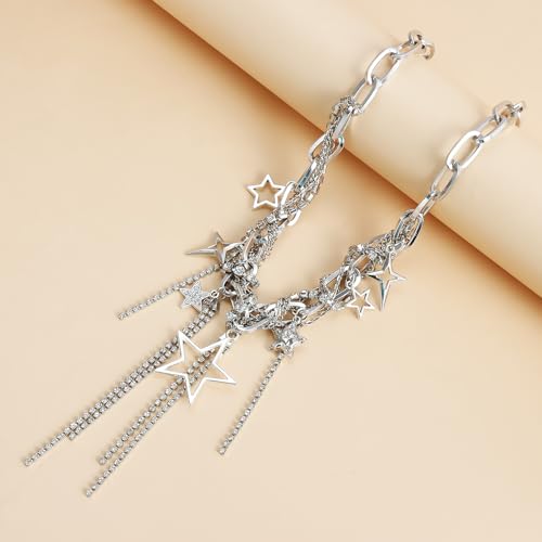 KURTCB Layered Star Choker Necklace Y2k Statement Chunky Rhinestone Bling Fringe Tassel Chain Choker Necklace for Women3