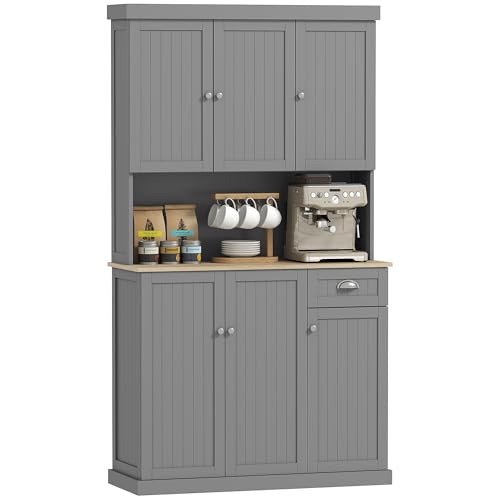 HOMCOM 180cm Kitchen Cupboard with 6 Doors, Modern Kitchen Storage Cabinet with Microwave Oven Countertop, Drawer, Adjustable Shelves and Cable Hole, Grey