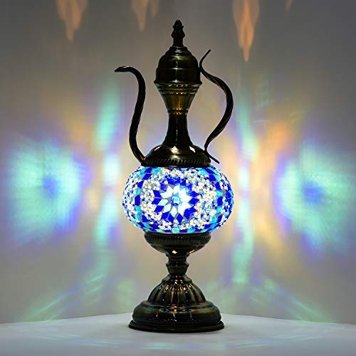 Lampe de table mosaïque turque en verre - Théière marocaine - Lanterne décorative style Tiffany - Veilleuse pour chambre à coucher, salon, table basse (bleu)