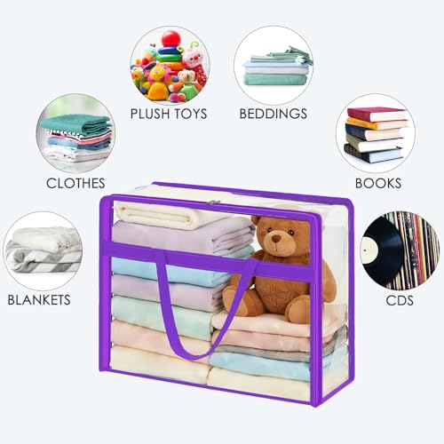 SGHUO Clear Storage Bags 60L Extra Large Plastic Vinyl Blanket Storage Bag for Clothes, Comforter, Bedding, Moving Bags with Zipper and Reinforced Handle (4pcs, Purple) by SGHUO - Image 4