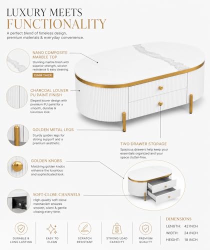 Image of Tesla Centre Table, 42x24x18 Inch, Nano Composite White Marble Top, Gold Accents, 2-Drawer Storage, Oval Design, Waterproof Plywood, PVD Legs, Modern Coffee Table for Living /Entryway