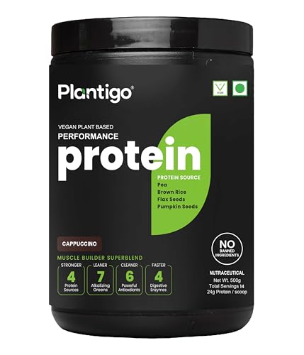 Image of Plantigo Plant Protein Pea Powder 500g - Cappuccino Coffee Flavoured | Pea + Brown Rice, Flax Seed, Pumpkin - Clean & Green Based Protein Powder | 24g Protein, 5g Fiber, BCAA for Men & Women