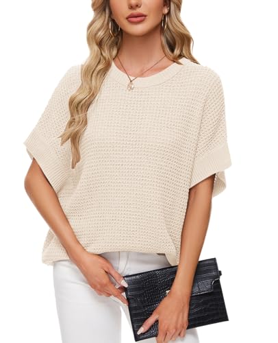 Image of MINTLIMIT Womens Batwing Short Sleeve Sweaters Loose Oversized Waffle Knit Pullover Sweater Top