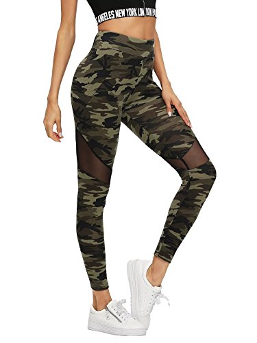 SweatyRocks Women's Stretchy Skinny Sheer Mesh Insert Workout Leggings Yoga Tights Camouflage S