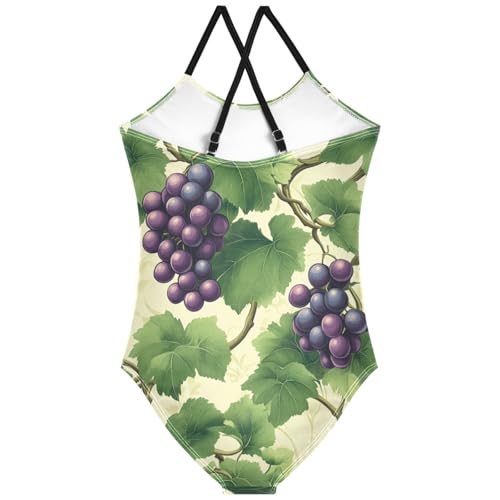 Pigsaly Girls One Piece Swimsuits Tropical Green Leaves Fruits Summer Purple Grapes Kids Cross Back Swimwear Bathing Suit 3T2