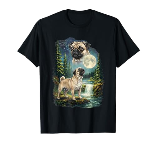 Pug Moonlit Night Art Pug Dog Howling at The Moon T-Shirt