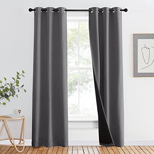 NICETOWN Grey Full Shade Curtain Panel, Energy Smart & Noise Blocking Out Blackout Drape for Dining Room Window, Thermal Insulated Guest Room Lined Wi