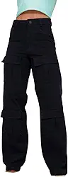 Calça Jeans Feminina Cargo com Modelagem Wide Leg, Cintura Alta, 4 Bolsos Frontais e Perna Larga, Estilo Urbano Casual (BR, Numérico, 34, Regular, Regular, Preto)